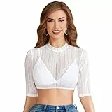 Funspread Damen Dirndl Bluse Spitze - Dirndlbluse Weiß Hochgeschlossene Langarm Trachtenbluse Weiß 38