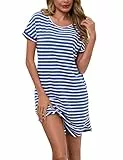 Litherday Nachthemd Damen Kurz Nachtwäsche Streifen Nachtkleid aus 95% Baumwolle Loungewear Negligee Kurze Ärmel Sleepshirt mit 2 Tasche, Blau+weiß, L