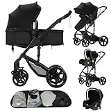 Doraystar Kinderwagen 3 in 1, Kombikinderwagen 3 in 1 Komplettset mit Zwei Umkehrbaren Schiebemodi, Kinderwagen Set mit Ein-Klick-Faltdesign, Rahmen Aluminiumlegierung (588 Black)