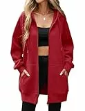 Vancavoo Sweatjacke Damen mit Kapuze Lange Kapuzenpullover Reißverschluss Hoodie Jacke Frühling Herbst Lang Fleecejacke Kapuzenjacke Elegant Übergangsjacke mit Taschen,Weinrot,L