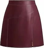 Kate Kasin Damen Minirock Lederrock PU Hohe Taille A-Linie Wickelrock Herbst Winter Frontschlitz Kurzer Rock mit Taschen Wein XL