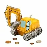 Dekohelden24 Spardose als Bagger aus Poly - Sparauto - Sparbüchse in gelb mit Kunststoffverschluss, Größe L/B/H: ca. 17 x 11 x 16 cm