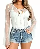 TZLDN Damen Bolero Festlich Kurz Chiffon Mesh Jäckchen Langarm für Abendkleider Elegant Brautjacke Weiss S