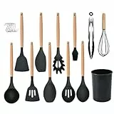 Küchenhelfer-Set 12-teilig Silikon-Kochutensilien-Set mit Holzgriff, hitzebeständig antihaftbeschichtet Kochgeschirr Zange Spatel Löffel-Set beste Küchenutensilien mit (Schwarz)