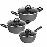 STONELINE Ceramic Keramik Topfset 6 teilig 18/20/24cm Topf mit Deckel PFAS-frei Antihaft, Induktion, alle Herdarten, mit Keramikbeschichtung, mit echten Steinpartikeln, Kochgeschirr Set, Grau