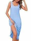 Bresdk Nachthemd Damen Lang mit V-Ausschnitt Sommer Trägernachthemd Ärmelloses Schlafshirt Sleepwear Schlafhemd Blau XL
