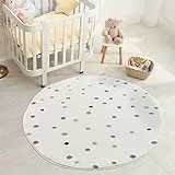 carpet city Teppich Kinderzimmer Punkte - 120 cm Rund - Creme mit bunten Pastell-Pünktchen, moderner Kinderteppich, weich & gemütlich
