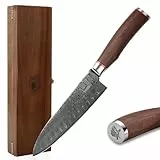 Zayiko Kurumi Premium Santokumesser mit 17,5 cm Klinge gefertigt aus 67 Lagen echtem Damaststahl mit Nussbaumgriff I Holzbox I Damastmesser Küchenmesser und Profi Kochmesser