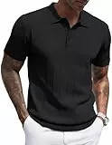 COOFANDY Poloshirt Herren Kurzarm Strick Polo Button Down Sommer Freizeit Tshirt Regular Fit Urlaub Polohemd Schwarz M