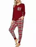 Clearlove Schlafanzug Damen Zweiteiliger Langarm V-Ausschnitt Frauen Pyjama Set Nachtwäsche Hausanzug Loungewear mit Taschen Rot M