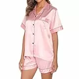 Ladieshow Damen Pyjama Set, Langarm/Kurzarm Nachtwsche aus Satin-Seide Einfarbig Pyjama Set Schlafanzug f¡§1r Damen mit Knopfleiste Nachtw?sche Loungewear 2-teilige Sets