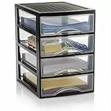 Hausfelder Schubladenbox A4 mit 4 Schubladen, Transparente Kunststoff Schubladenbox für Schreibtisch, Büro Organizer Schubladen, Aufbewahrungsbox mit Schubladen, Din A4, Stapelbar, 36,5x26x36,5cm