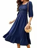 KOJOOIN Damen Kleid Casual Lange Sommerkleid 3/4 Ärmel Swing Midikleid A Linie Freizeitkleid mit Hohe Taille Navy blau M