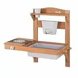 roba Kinder Matschküche zum Hängen - Funktionelle Outdoor Spielküche mit Wasserspender & Zubehör - Wetterfestes Holz - Teakfarben lasiert