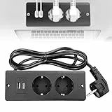 SPORWAY Tischplatte Versenkte Steckdose, 2-Fach Einbausteckdose Steckdosenleiste mit 2 USB, Tischsteckdose Versenkte Steckdose 1.5m Kabel für Tischplatte Arbeitsplatte Konferenztisch (Schwarz)