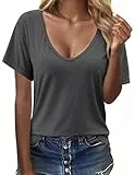CMTOP Tshirt Damen Sommer Kurzarm Sexy V-Ausschnitt Oberteile Casual Locker T Shirt Einfarbig Basic Baumwolle T-Shirt Leicht Lässig Tee Shirts Elegant Bluse Tops(Dunkelgrau, XL)