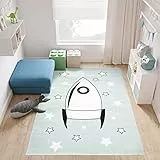 TAPISO Baby Teppich Kinderteppich Kurzflor Hellblau Weiß Schwarz Rakete Sterne Kinderzimmer Modern 200 x 300 cm