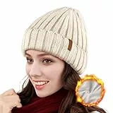 Weiche Fleece Gefütterte Damen Beanie Mütze, Strickmütze Winter, Warm, Beige-Weiß, Outdoor, 56-60cm