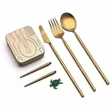 Reisebesteck von Outlery | Camping Besteckset für 1 Person mit Essstäbchen und Etui in Hosentaschenformat | Spülmaschinengeeignetes Edelstahl, Leicht Reinigbar | Für Picknick und Unterwegs | Gold