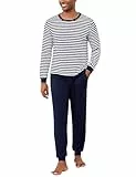 Bresdk Schlafanzug Herren Lang Pyjama Streifen Langarm Baumwolle Winter Schlafanzüge für Herren Pyjamahose Zweiteilig Set Nightwear Blau M