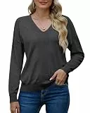 PrinStory Pullover Damen Langen Ärmeln Sweatshirts V-Ausschnitt Weiche Einfarbige Oberteile Lässige Strickwaren Geschenk Für Frauen (Dunkelgrau, M)