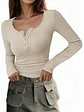Cicy Bell Damen V Ausschnitt Langarm Oberteile T-Shirts Knopf Gerippte Strick Langarmshirt Slim Fit Basic Henley Tunika Shirts Herbst Winter Oberteile,Beige,XL