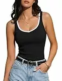 Aottori Damen Tank Top Ärmellos Sommer Oberteile Slim Fit Gerippt Basic Tanktops Farbblock V-Ausschnitt Ripptops Elegant Sexy Einfarbig Schwarz L