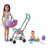 Barbie Skipper Babysitter Inc, Skipper mit braunen und lila Haaren, Baby, Kinderwagen, Babytrage, Zubehör, insgesamt 2 Puppen, Geschenk für Kinder, Spielzeug ab 3 Jahre,GXT34