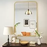 Koonmi Wandspiegel Gold, 61x91 cm Badezimmerspiegel mit runder Ecke, Morden Spiegel Wand mit Rahmen aus Aluminiumlegierung für Wand montiert horizontal oder vertikal, Gold