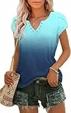 Tanmolo T-Shirt Damen Sommer mit Elegant Tulpenärmeln V-Ausschnitt Oberteile aus Lochstickerei Casual Top Blau-Grün, XL