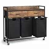 Mondeer Wäschekorb 3 Fächer, Wäschesammler mit 2 Schubladen ausziehbar und herausnehmbare Wäschesäcke, Für Waschküche Schlafzimmer Badezimmer, 3x50L, 106 x 33 x 91.5 cm, Vintagebraun und Schwarz