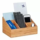 Relaxdays Schreibtisch Organizer, 6 Fächer für Stifte, Notizzettel, Briefe, Büroklammern, Desk Organizer Bambus, Natur