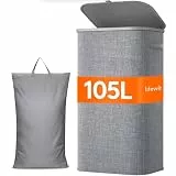 Lifewit 105L Wäschekorb mit Deckel, hoher Wäschekorb mit Kunststoffrahmen, faltbarer großer Wäschekorbsammler, Wäschekörbe für Schlafzimmer, Bad, Hellgrau
