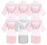 GOODSALEOK 6-teiliger Satin-Bademantel, kurzer Kimono, Braut, Brautjungfer, Bademäntel für Hochzeit, Party, Rosa (Braut und Brautjungfer), Einheitsgröße