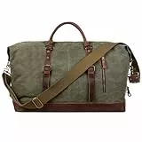 S-Zone Reisetasche, 60 l, groß, Leinen, echtes Leder, mit Zierbesatz, für Wochenend- und Übernachtungen, für Damen und Herren, Armee-grün, XL