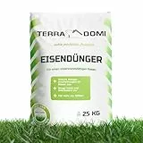TerraDomi Eisendünger 25kg für ca. 1000m² | Turbo-Dünger abgestimmt auf Rasenflächen mit Moos | Granuliert, streuwagengeeignet und staubfrei