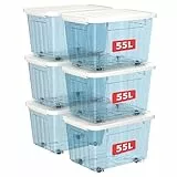 Cetomo 55 l x 6 Kunststoff-Aufbewahrungsbox, transparentblau, Tragetasche, Organisationsbehälter mit robustem Deckel und sicheren Verriegelungsschnallen, stapelbar und stapelbar, 6 Stück, mit Schnalle
