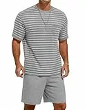 Jahetuul Schlafanzüge für Herren mit Kontraststreifen Design Schlafanzug Herren Pyjama Set aus Baumwolle Sommer mit Rundhalsausschnitt Nachtwäsche Set Männer