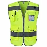 Graunton Sicherheitsweste für Männer Frauen 9 Taschen Warnweste, Warnwesten für mit reflektierenden Streifen, Reflektorweste für Gebäude,Gartenarbeit, Laufend,(DE-Gelb, Large)
