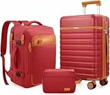 UKEIN Gepäck-Set, 3-teilig, Handgepäck, 50,8 cm, mit Spinnrollen, Polycarbonat, Hartschalenkoffer-Set mit TSA-Schloss, robuster Handgepäckkoffer mit Reiserucksack für Herren, Rot/Ausflug, einfarbig