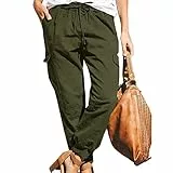 Greensen Leichte, Weiche Damenhose mit Kordelzug, Konisches Bein, Cargohose, Mittlere Leibhöhe, Hohe Taille, Freizeit, Joggerhose, Reine Farbe, Wanderhose(L-OD grün)