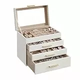 SONGMICS GISELLA Kollektion - Schmuckkästchen, Schmuckkasten mit 4 Ebenen, Schmuckbox mit Glasdeckel, 3 Schubladen, für Sonnenbrillen, Schmuckaufbewahrung, modern, wolkenweiß-golden JBC161W01