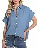 Aottori Musselin Bluse Damen Elegant Oberteile 100% Baumwolle Kurzarm Hemdbluse mit V-Ausschnitt Blusen Tunika Tops Sommer Himmelblau L
