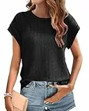 WNEEDU Tshirt Damen Sommer Rundhals Bluse Lässig Oberteile Kurzarm Basic Tops Einfarbige T-Shirts mit Fledermausärmel Schwarz XL