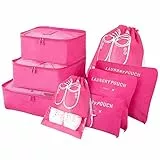 Vicloon Koffer Organizer, 8-in-1-Set Gepäck Organizer, wasserdichte Reise Kleidertaschen umfassen 2 Schuhbeutel, 3 Packwürfel und 3 Aufbewahrungsbeutel, für Kleidung Schuhe Kosmetik - Rose Rot