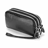 FORRICA Damen Geldbörse Echtleder Frauen Große Kapazität Clutch Portemonnaie Reißverschluss Gross Geldbörse Leichte Mobiltelefon Schlüssel Geldbörse mit Armband Schwarz