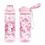 decalsweet Trinkflasche Kinder Auslaufsicher, 650ml Trinkflasche Kindergarten mit Tragegriff, BPA-frei Tritan Flasche Kinder zum Schule & Sport, Kinder Wasserflasche für Mädchen Jungen, Rosa Einhorn