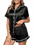Niwicee Satin Schlafanzug Damen mit Knopfleiste Kurz Nachtwäsche Pyjamas Set Zweiteiliger Nachtwäsche Hausanzug PJs V-Ausschnitt Loungewear (Schwarz, L)