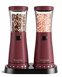 Salz und Pfeffermühlen elektrisch 2er Set aus Edelstahl (Wiederaufladbar, LED Beleuchtung, mit einstellbarem Keramikmahlwerk, Reinigungsbürste Bürste) Gewürzmühle elektrisch, Rose Red