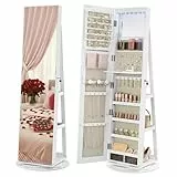 SONGMICS Schmuckschrank, Spiegelschrank, mit rahmenlosem Ganzkörperspiegel, 3 Ablagen, 360° drehbar, abschließbar, Oberfläche in Weiß, Innenfutter in Greige JJC007W02